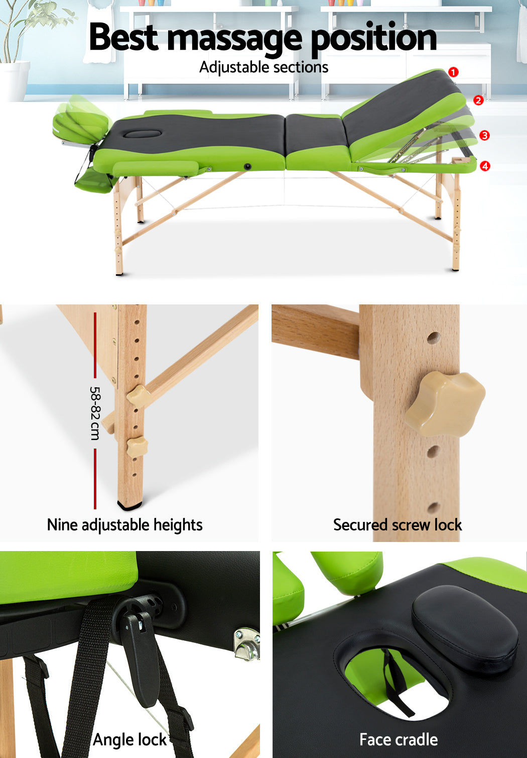 Zenses 3 Fold Portable Wood Massage Table - Black & Lime - SILBERSHELL