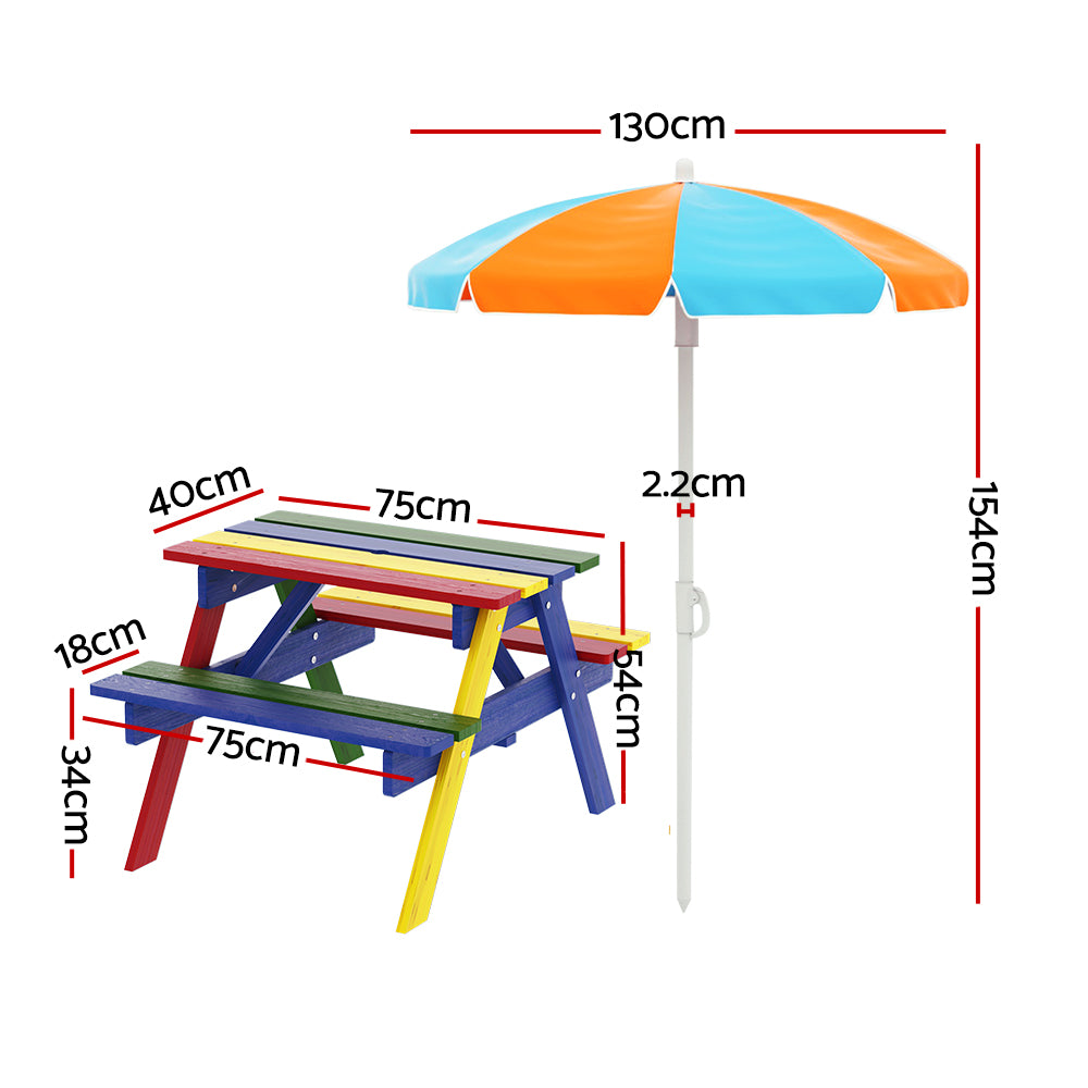 Keezi Kids Outdoor Table and Chairs Picnic Bench Seat Umbrella Colourful Wooden - SILBERSHELL