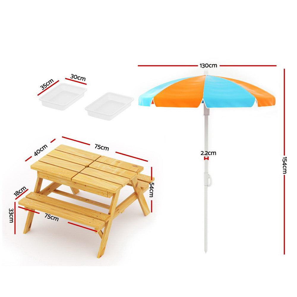 Keezi Kids Outdoor Table and Chairs Picnic Bench Set Umbrella Water Sand Pit Box - SILBERSHELL