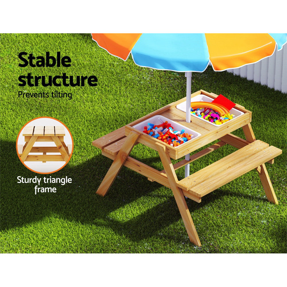 Keezi Kids Outdoor Table and Chairs Picnic Bench Set Umbrella Water Sand Pit Box - SILBERSHELL