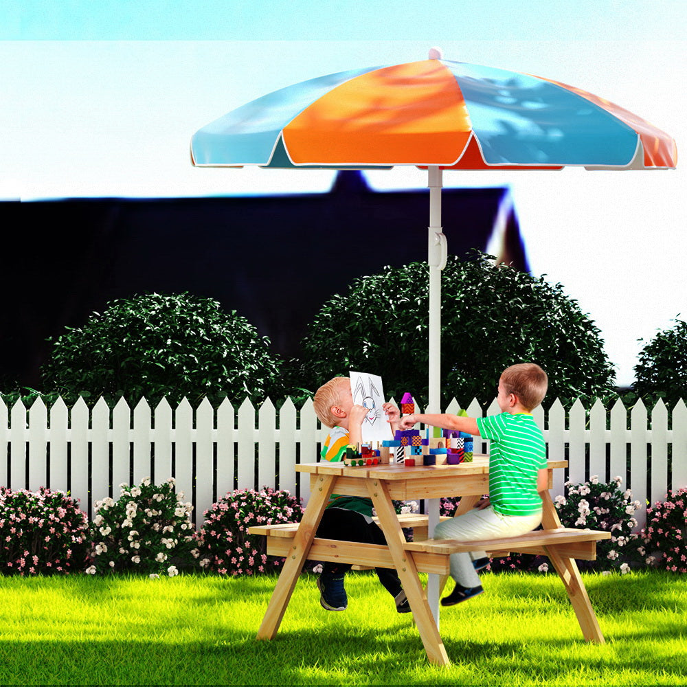 Keezi Kids Outdoor Table and Chairs Picnic Bench Set Umbrella Water Sand Pit Box - SILBERSHELL