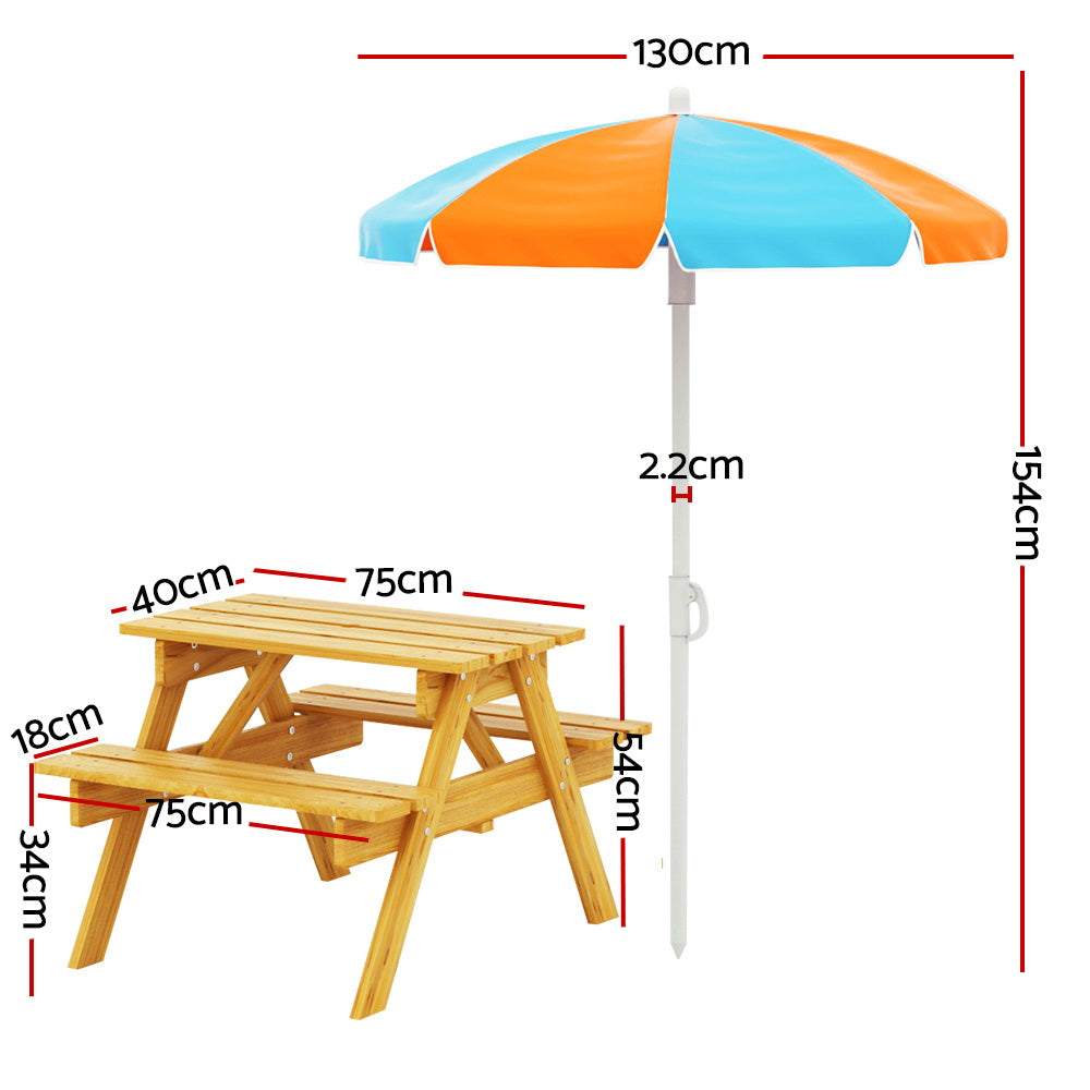Keezi Kids Outdoor Table and Chairs Picnic Bench Seat Umbrella Children Wooden - SILBERSHELL