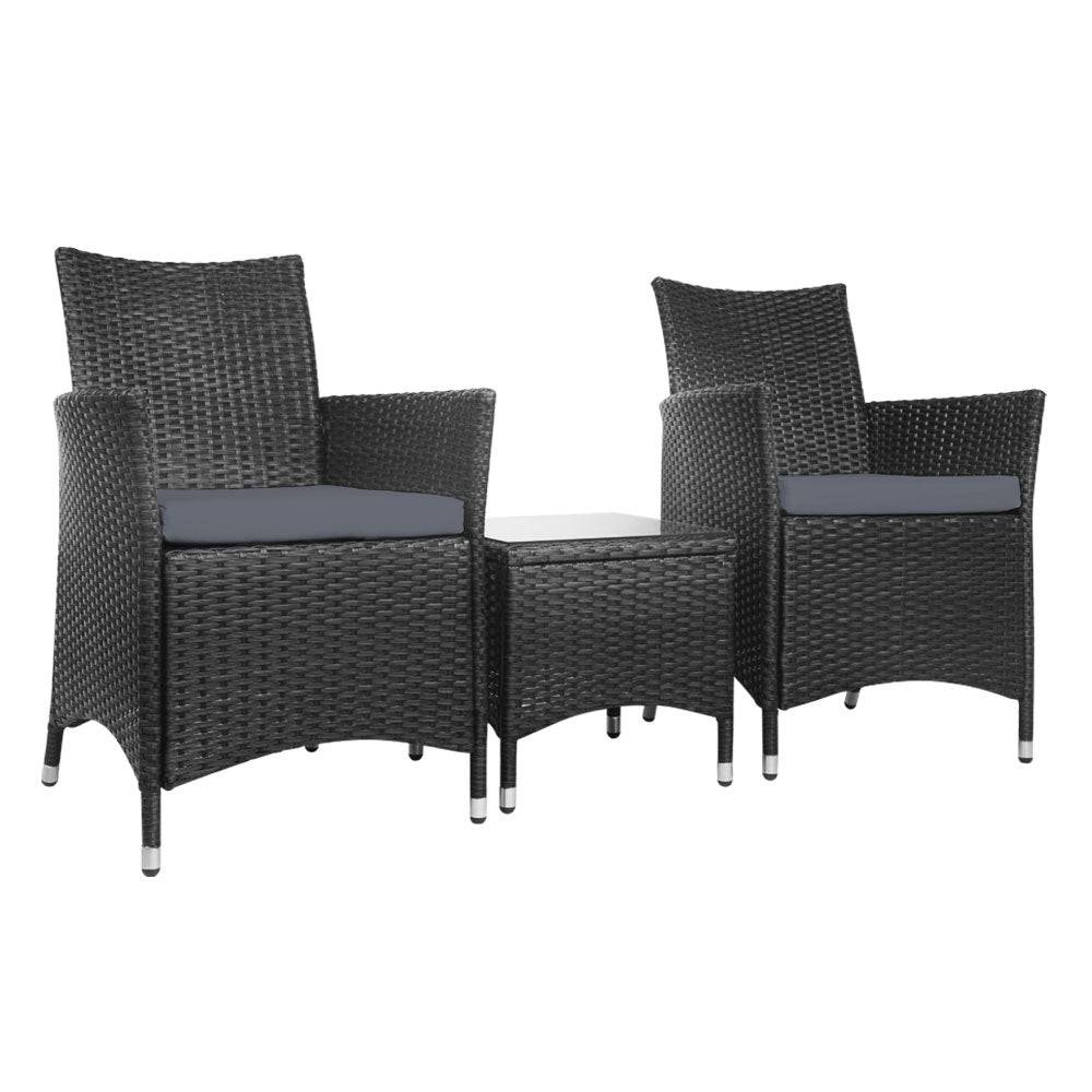 Gardeon 3 Piece Wicker Outdoor Furniture Set - Black - SILBERSHELL