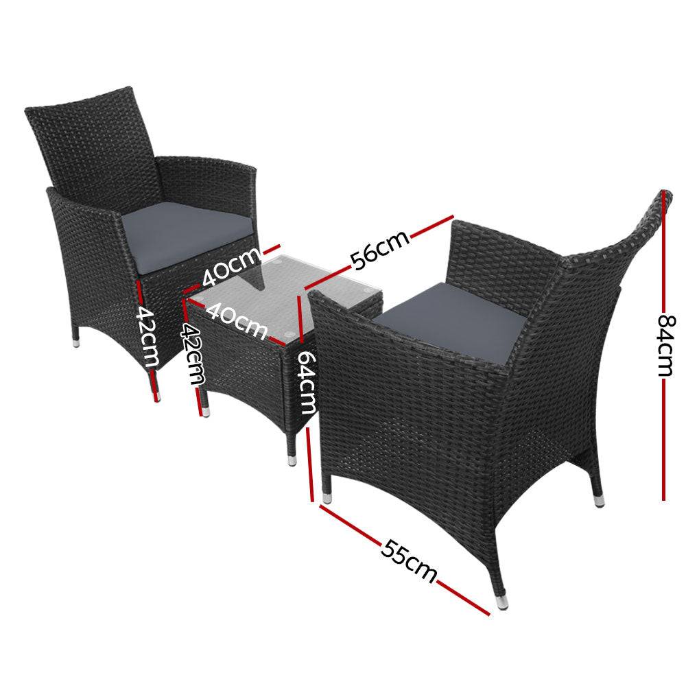 Gardeon 3 Piece Wicker Outdoor Furniture Set - Black - SILBERSHELL