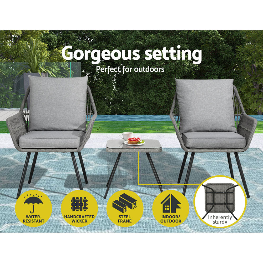 Gardeon Outdoor Furniture 3-Piece Lounge Setting Chairs Table Bistro Set Patio - SILBERSHELL