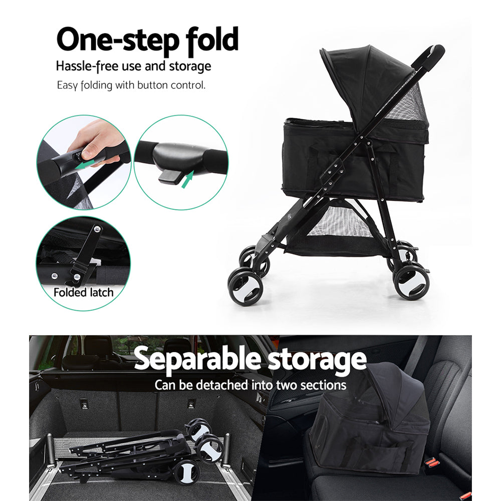 i.Pet Pet Stroller Dog Carrier Foldable Pram 3 IN 1 Middle Size Black - SILBERSHELL