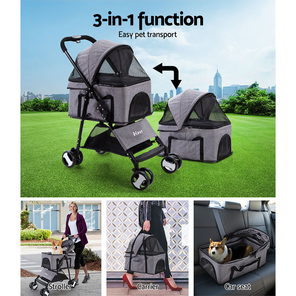 i.Pet Pet Stroller Dog Carrier Foldable Pram 3 IN 1 Middle Size Grey - SILBERSHELL