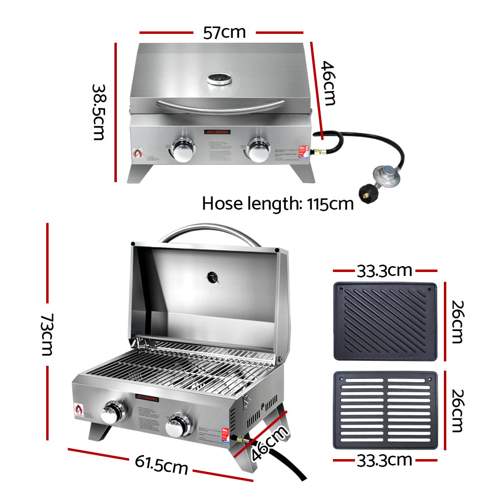 Grillz Portable Gas BBQ LPG Oven Camping Cooker Grill 2 Burners Stove Outdoor - SILBERSHELL