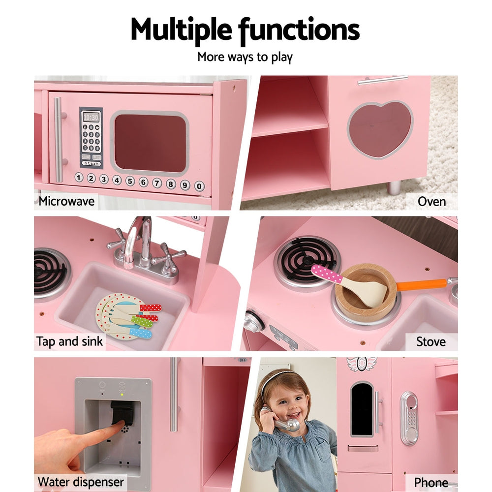 Keezi Kids Wooden Kitchen Pretend Play Sets Food Cooking Toys Children Pink - SILBERSHELL