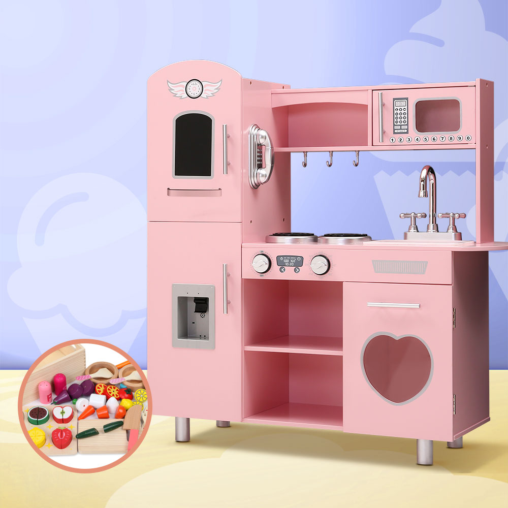 Keezi Kids Wooden Kitchen Pretend Play Sets Food Cooking Toys Children Pink - SILBERSHELL