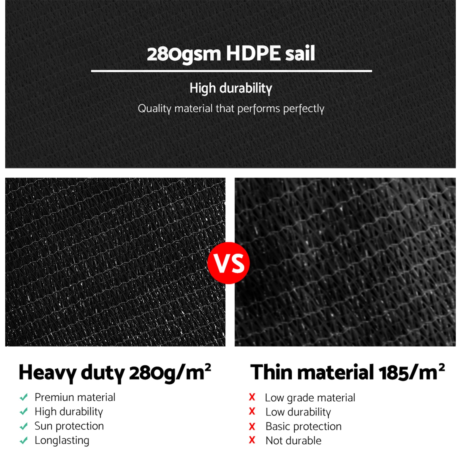 Instahut Shade Sail 6x8m Rectangle 280GSM 98% Black Shade Cloth - SILBERSHELL