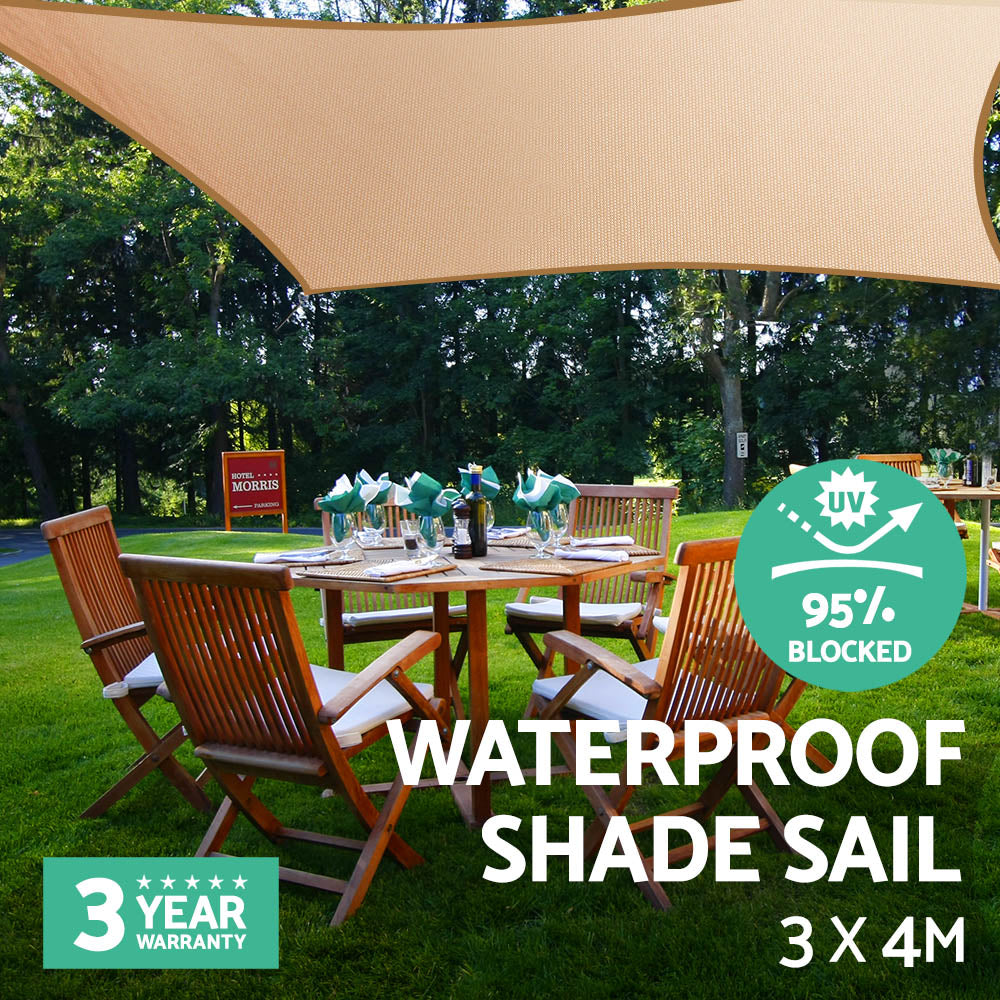 Instahut Waterproof Shade Sail 3x4m Rectangle Sand 95% Shade Cloth - SILBERSHELL