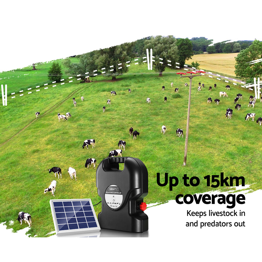 Giantz Electric Fence Energiser Solar Fencing Energizer Charger Farm Animal 15km 0.8J - SILBERSHELL