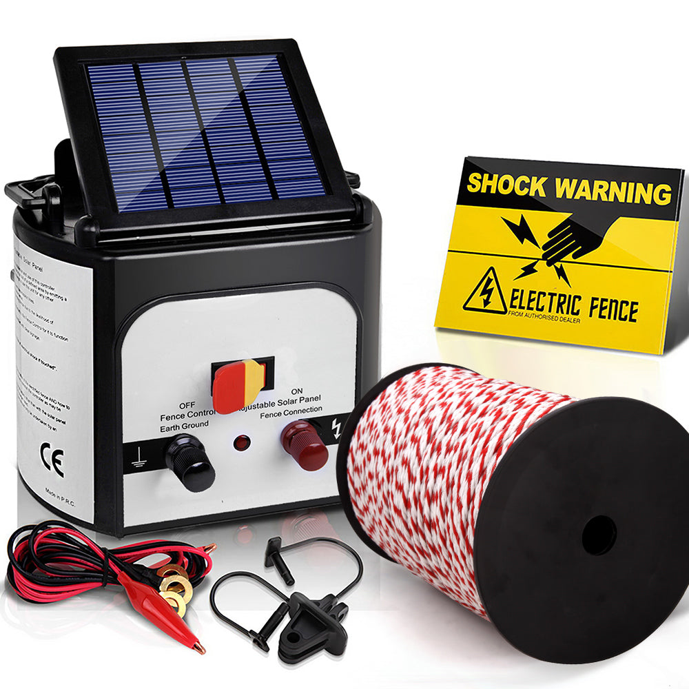 Giantz Electric Fence Energiser 8km Solar Powered Charger + 500m Polytape Rope - SILBERSHELL