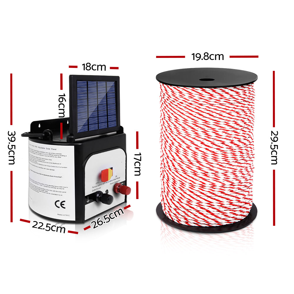 Giantz Electric Fence Energiser 8km Solar Powered Charger + 500m Polytape Rope - SILBERSHELL