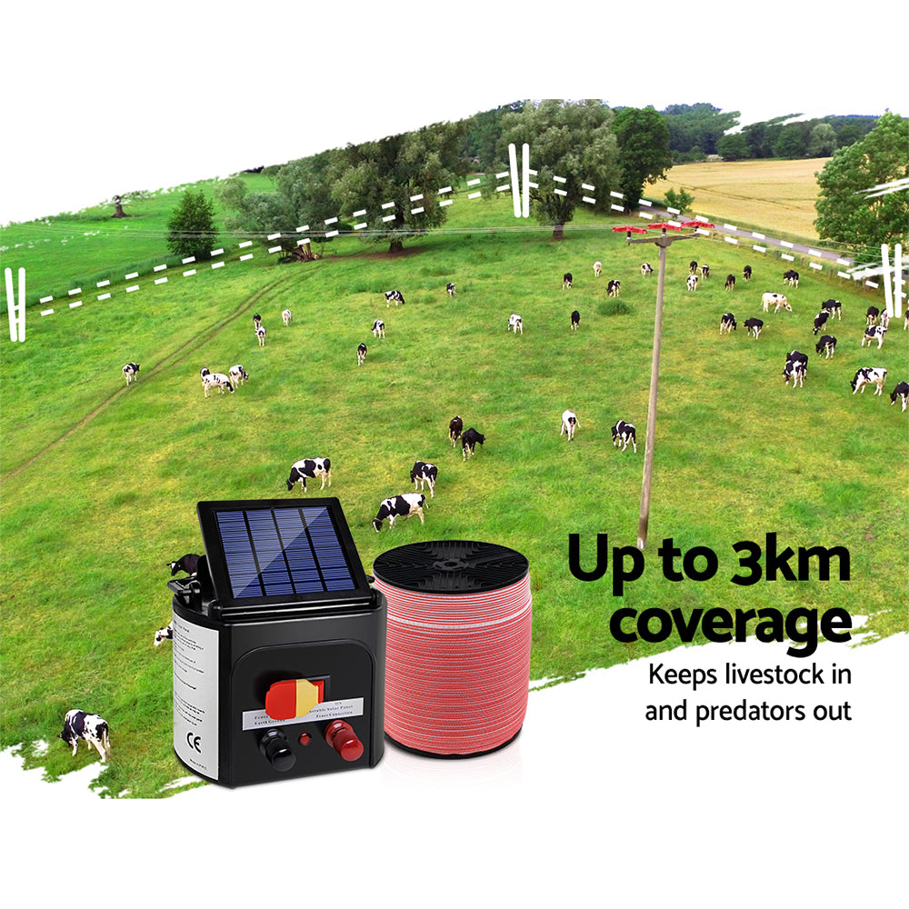 Giantz Electric Fence Energiser 3km Solar Powered Energizer Set + 1200m Tape - SILBERSHELL