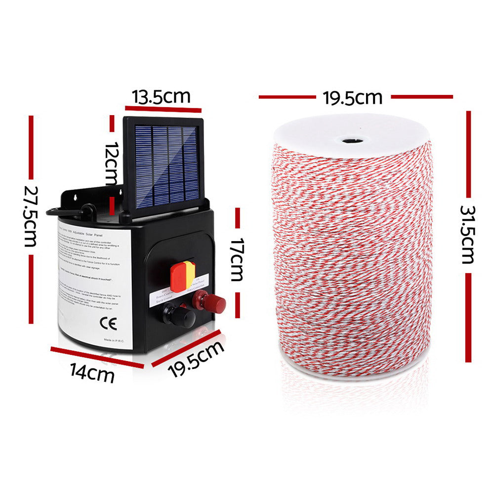 Giantz 3KM Solar Electric Fence Energiser Energizer 0.1J + 2000M Poly Fencing Wire Tape - SILBERSHELL