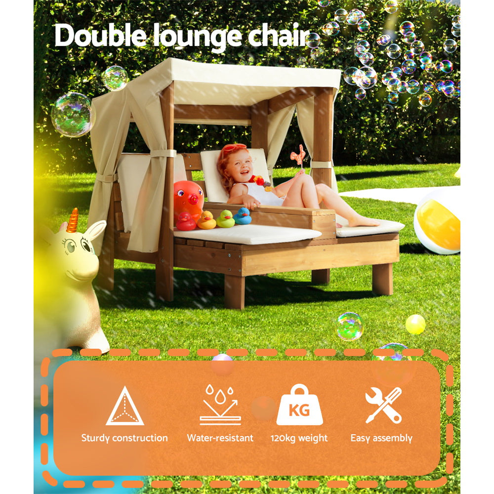 Keezi Kids Outdoor Double Wooden Lounge Chair with Canopy Chaise Cup Holders - SILBERSHELL