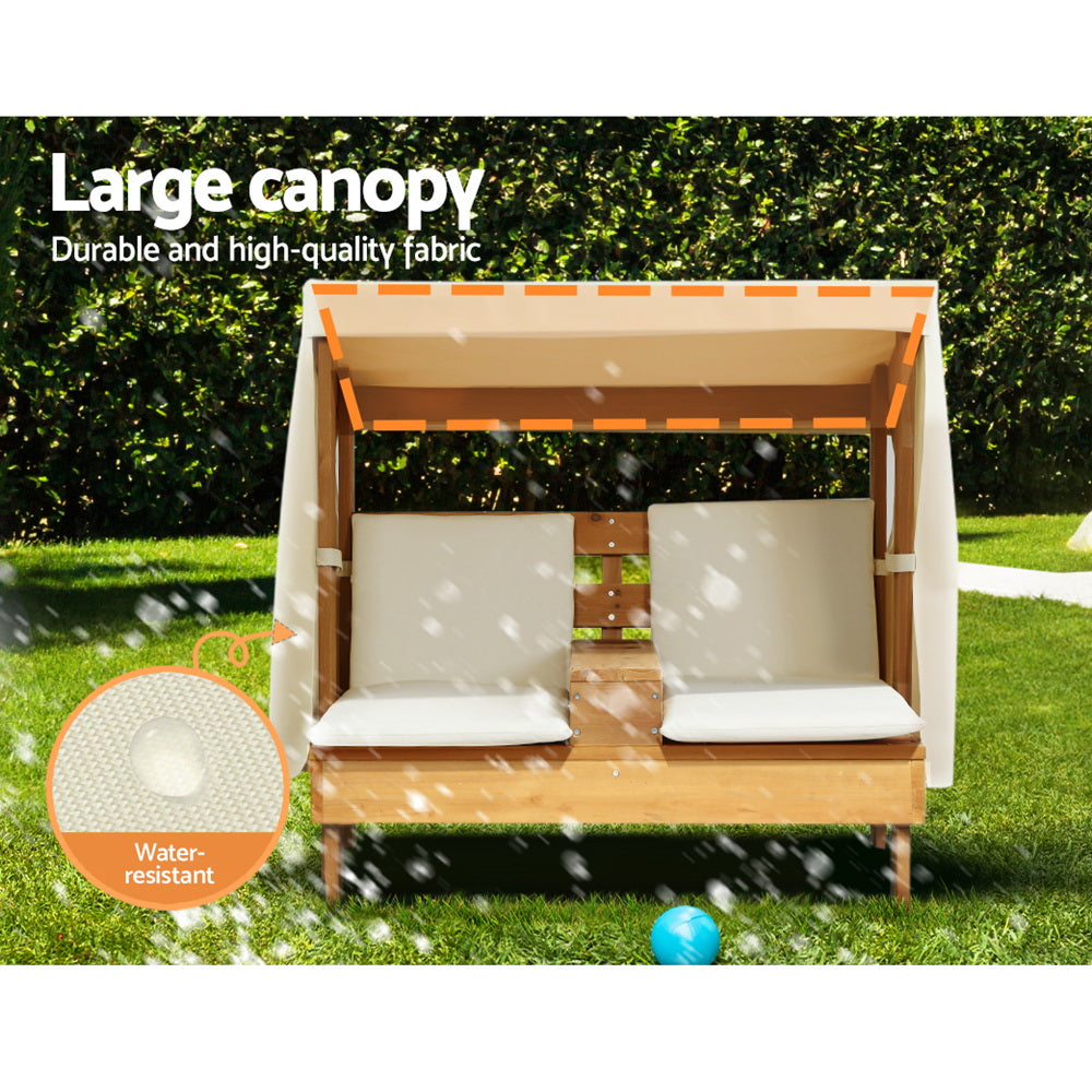 Keezi Kids Outdoor Double Wooden Lounge Chair with Canopy Chaise Cup Holders - SILBERSHELL