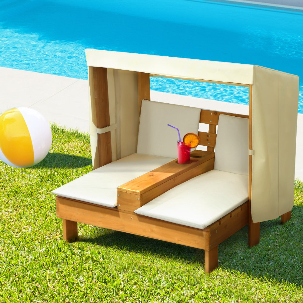 Keezi Kids Outdoor Double Wooden Lounge Chair with Canopy Chaise Cup Holders - SILBERSHELL