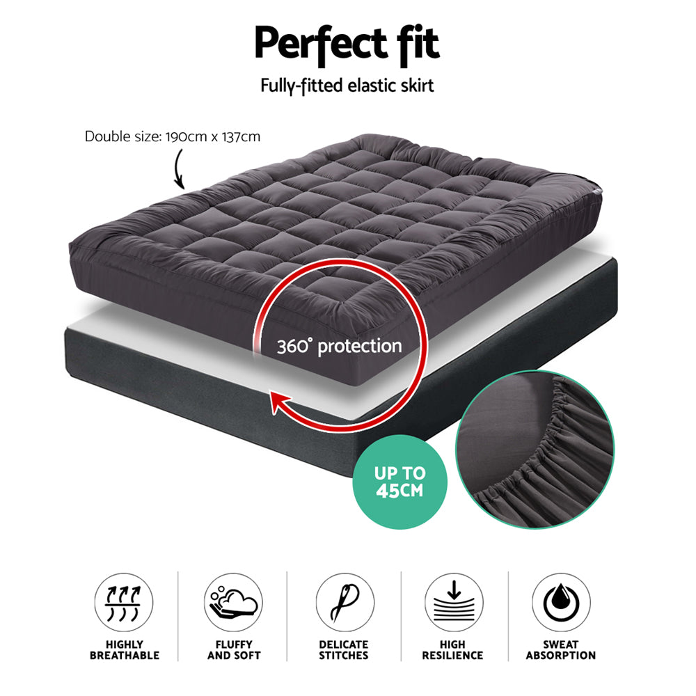 Giselle Double Mattress Topper Pillowtop 1000GSM Charcoal Microfibre Bamboo Fibre Filling Protector - SILBERSHELL