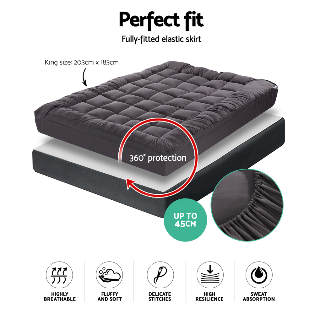 Giselle King Mattress Topper Pillowtop 1000GSM Charcoal Microfibre Bamboo Fibre Filling Protector - SILBERSHELL