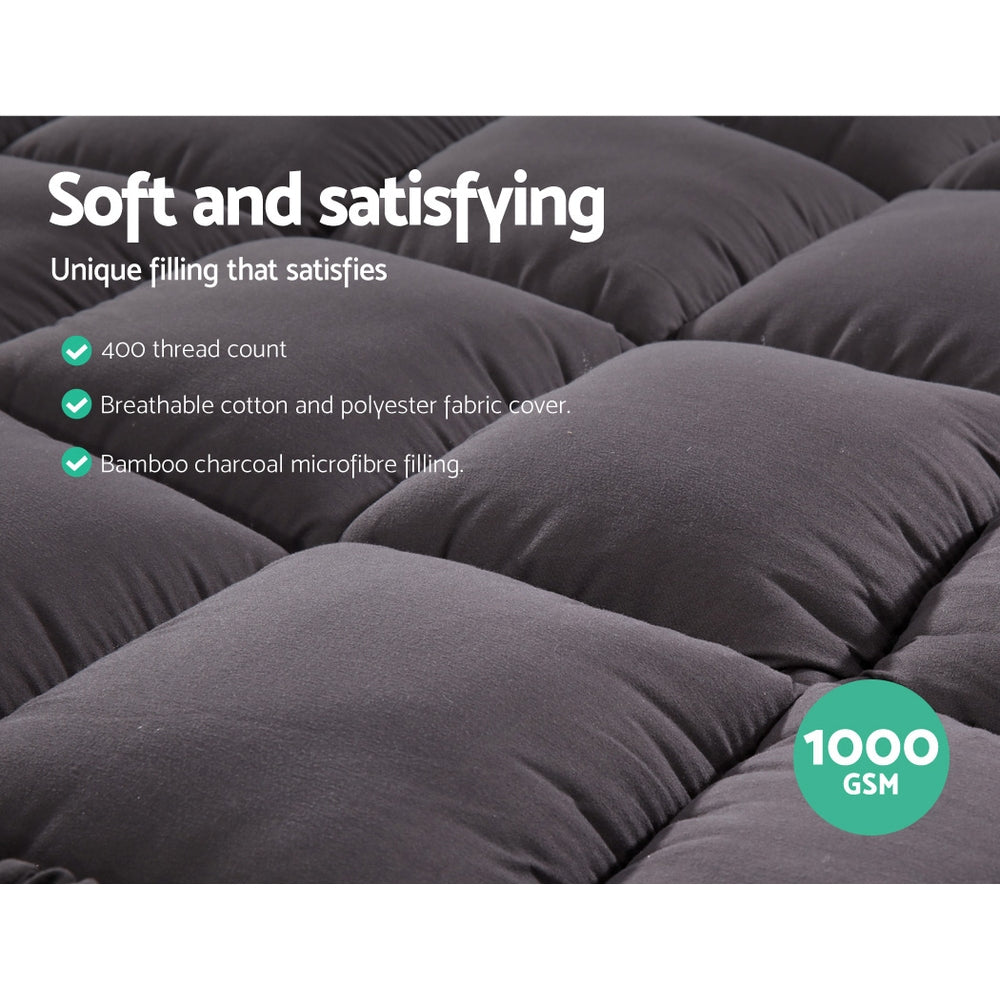 Giselle King Single Mattress Topper Pillowtop 1000GSM Charcoal Microfibre Bamboo Fibre Filling Protector - SILBERSHELL