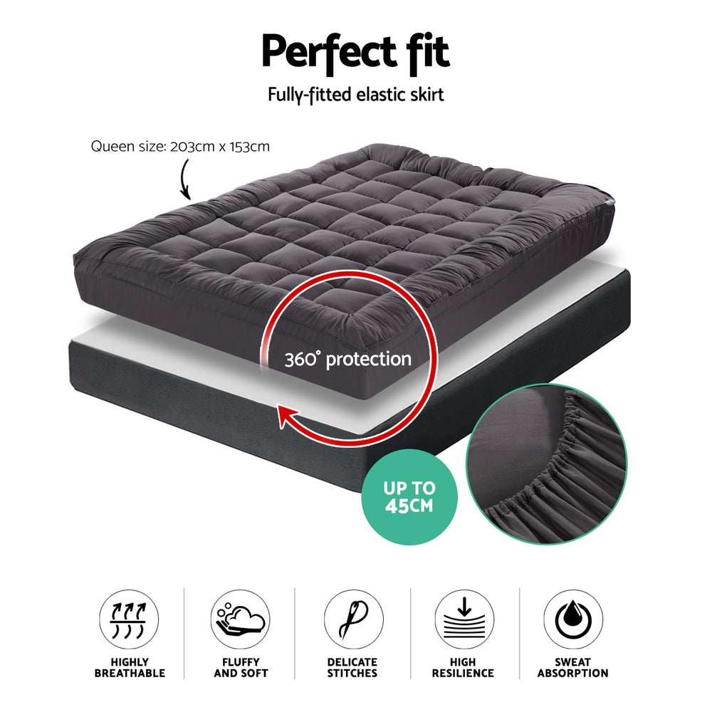 Giselle Queen Mattress Topper Pillowtop 1000GSM Charcoal Microfibre Bamboo Fibre Filling Protector - SILBERSHELL