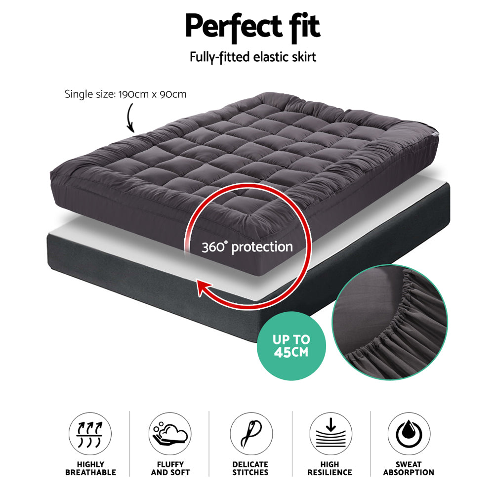 Giselle Single Mattress Topper Pillowtop 1000GSM Charcoal Microfibre Bamboo Fibre Filling Protector - SILBERSHELL