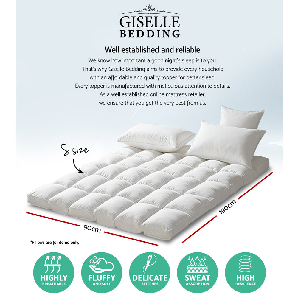Giselle Single Mattress Topper Pillowtop 1000GSM Microfibre Filling Protector - SILBERSHELL