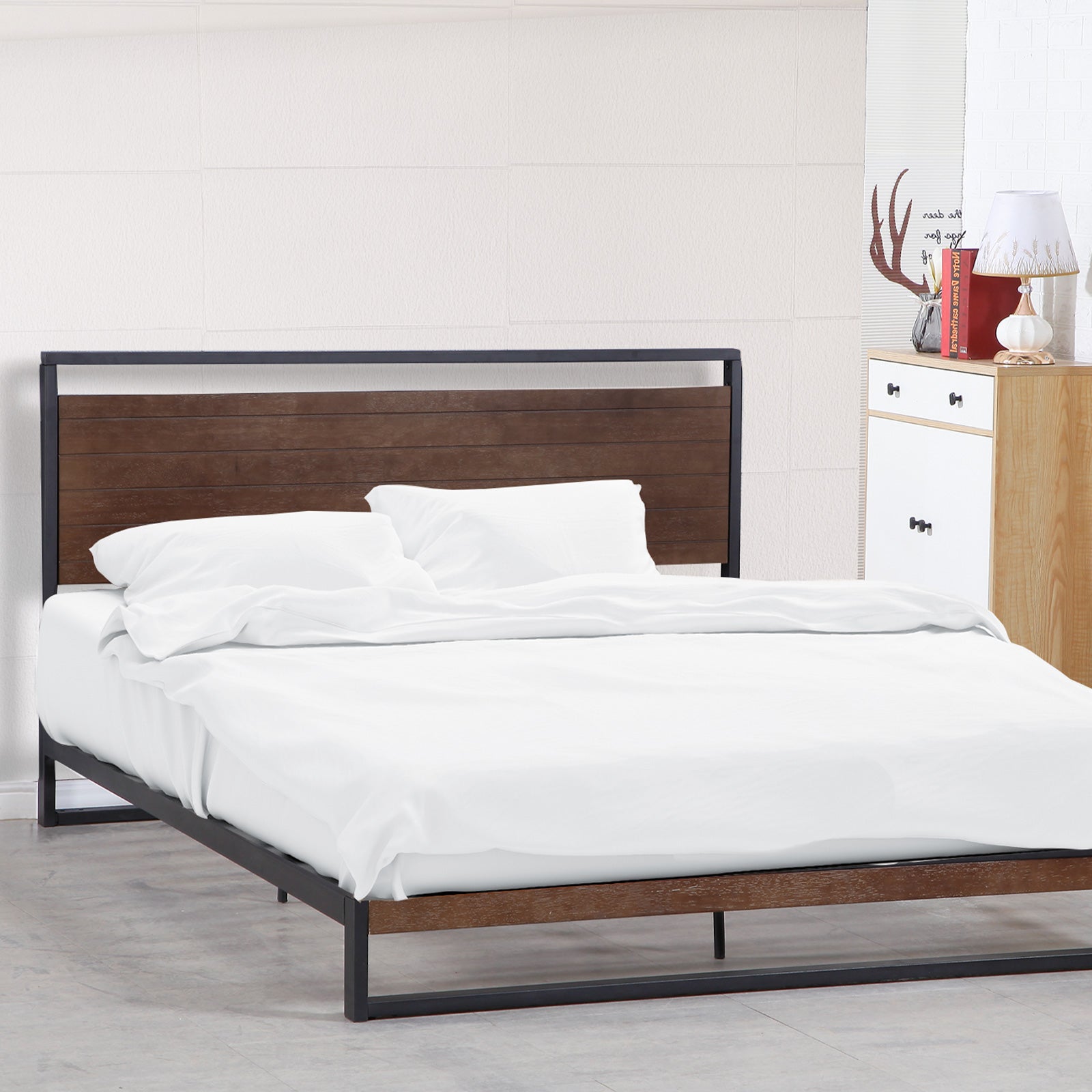 Milano Decor Azure Bed Frame With Headboard Black Wood Steel Platform Bed - Double - Black - SILBERSHELL
