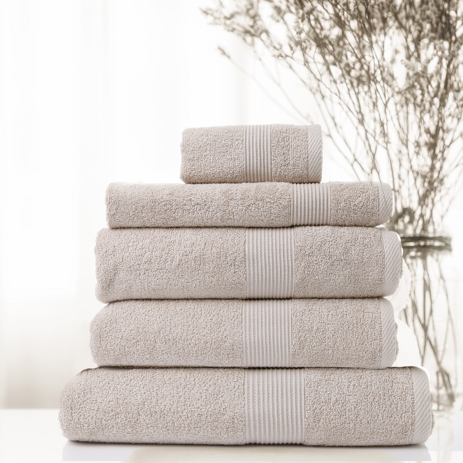 Royal Comfort 5 Piece Cotton Bamboo Towel Set 450GSM Luxurious Absorbent Plush - Beige - SILBERSHELL