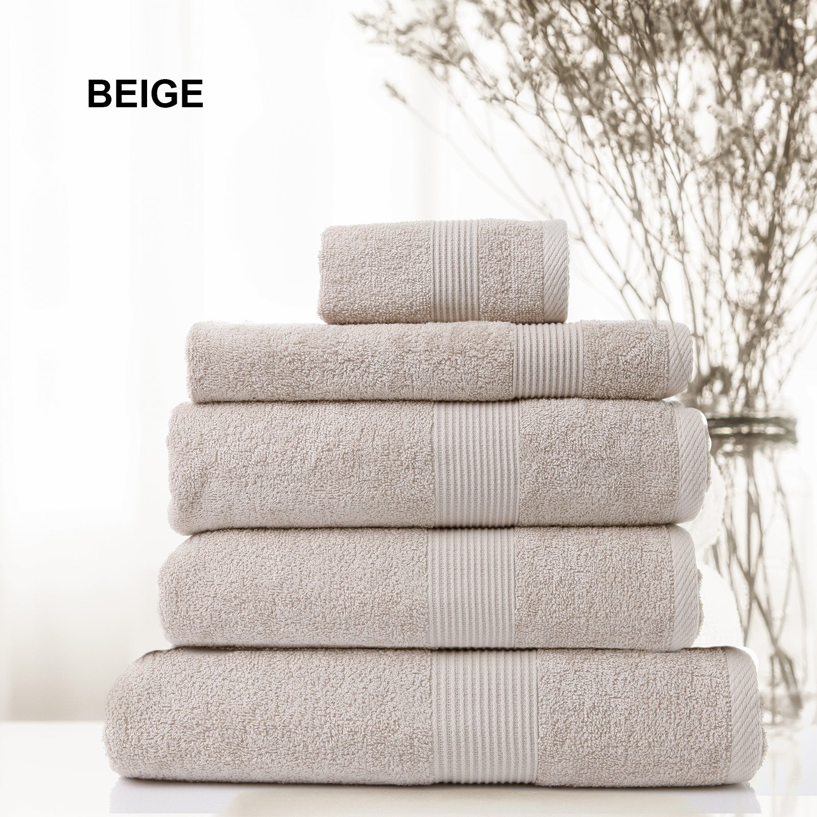 Royal Comfort 5 Piece Cotton Bamboo Towel Set 450GSM Luxurious Absorbent Plush - Beige - SILBERSHELL