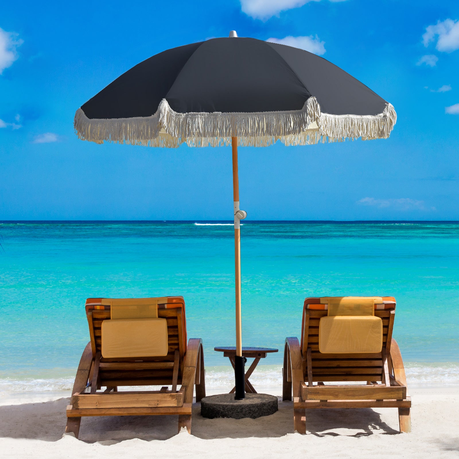 Havana Outdoors Beach Umbrella Portable 2 Metre Fringed Garden Sun Shade Shelter - Black - SILBERSHELL