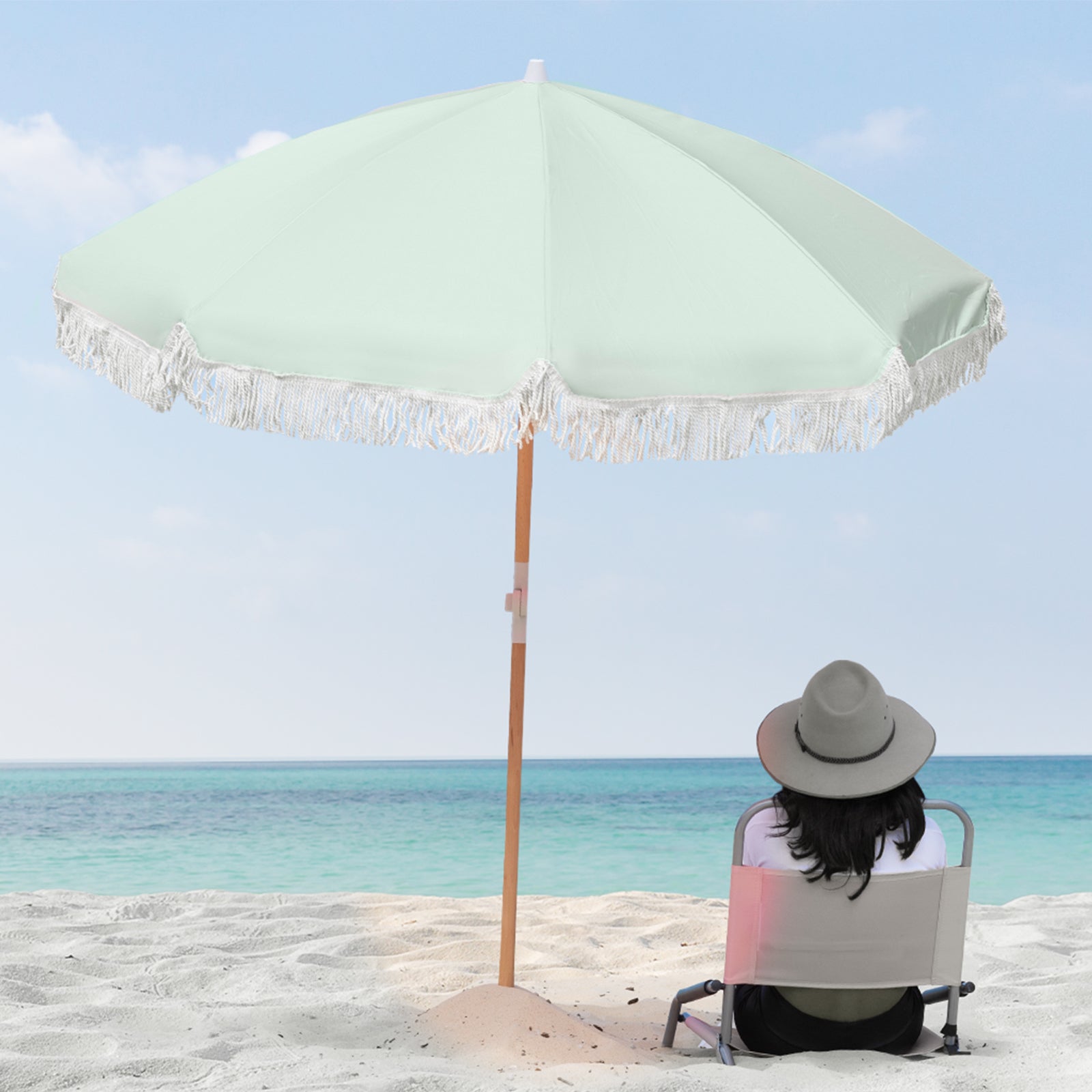 Havana Outdoors Beach Umbrella Portable 2 Metre Fringed Garden Sun Shade Shelter - Sage Green - SILBERSHELL
