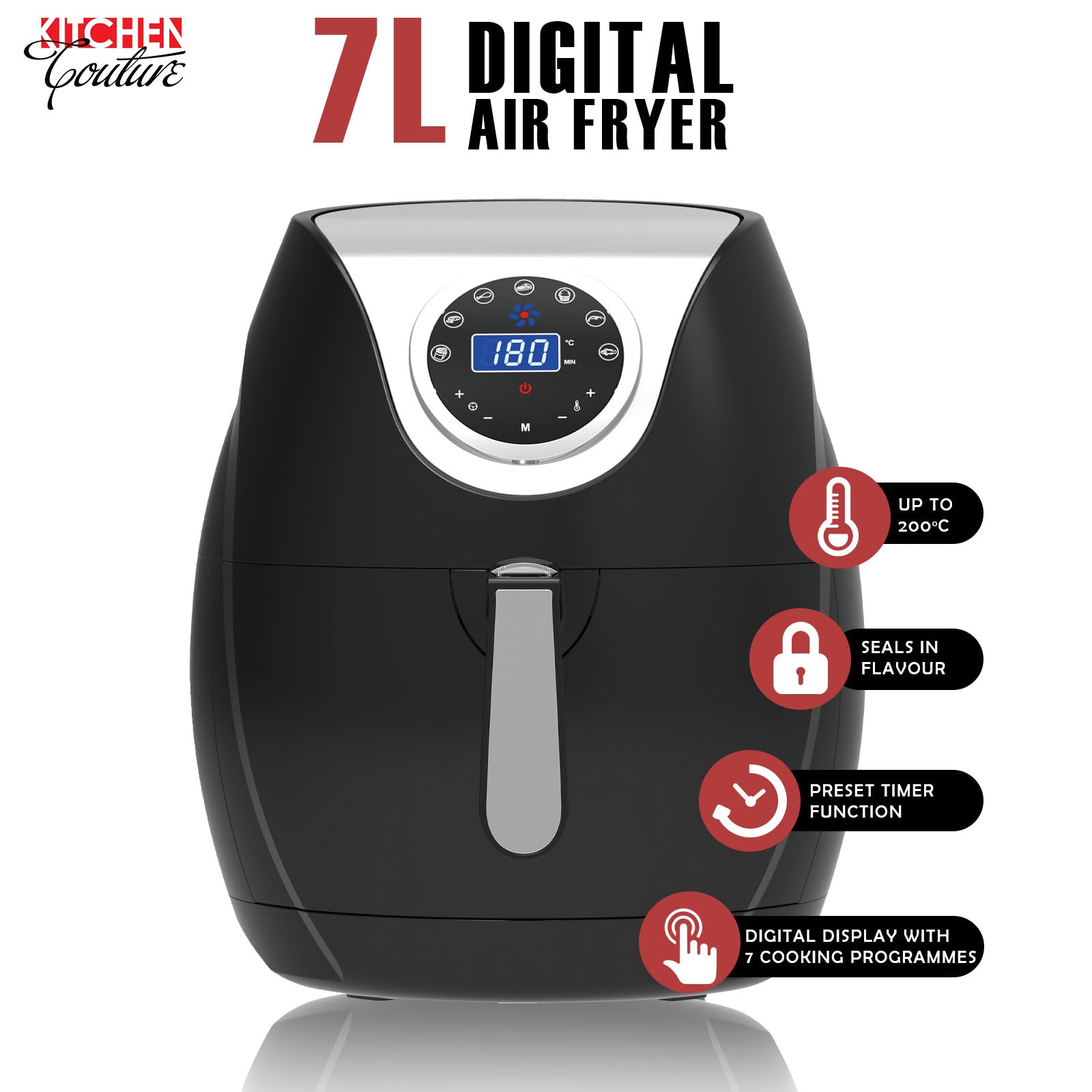 Kitchen Couture Digital Air Fryer 7L LED Display Low Fat Healthy Oil Free Black - SILBERSHELL