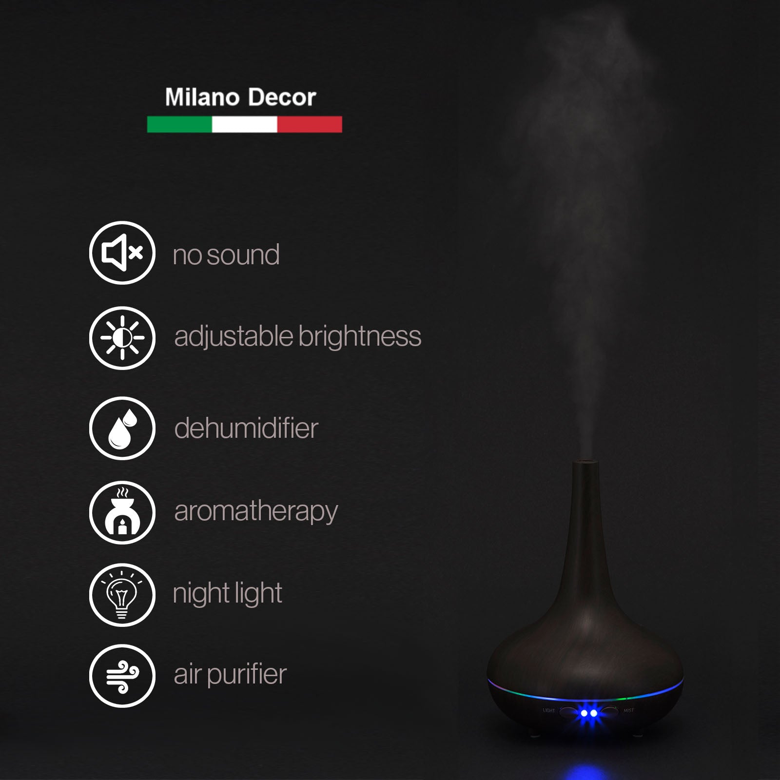 Essential Oil Diffuser Ultrasonic Humidifier Aromatherapy LED Light 200ML 3 Oils - Dark Wood Grain - SILBERSHELL