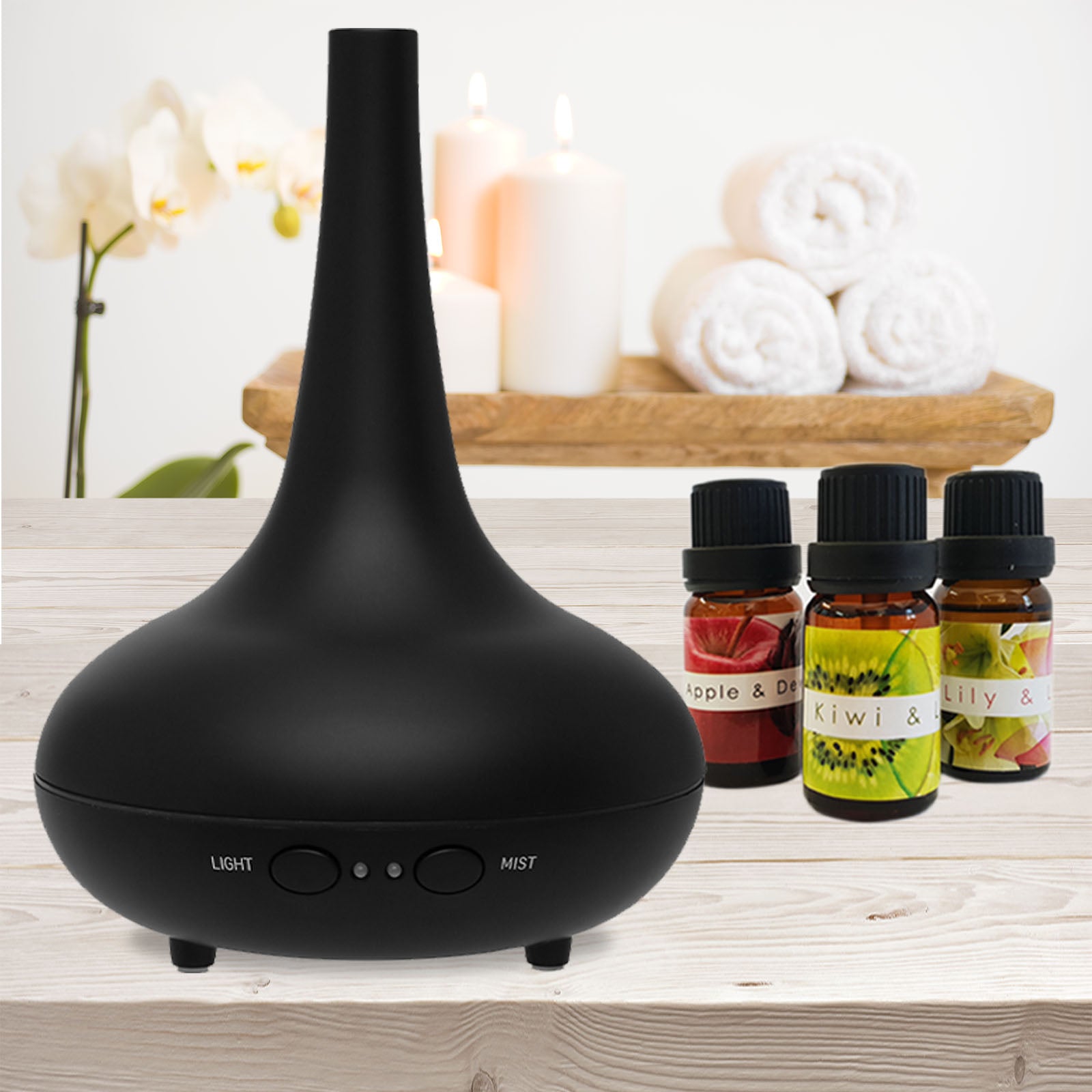 Essential Oil Diffuser Ultrasonic Humidifier Aromatherapy LED Light 200ML 3 Oils - Black - SILBERSHELL
