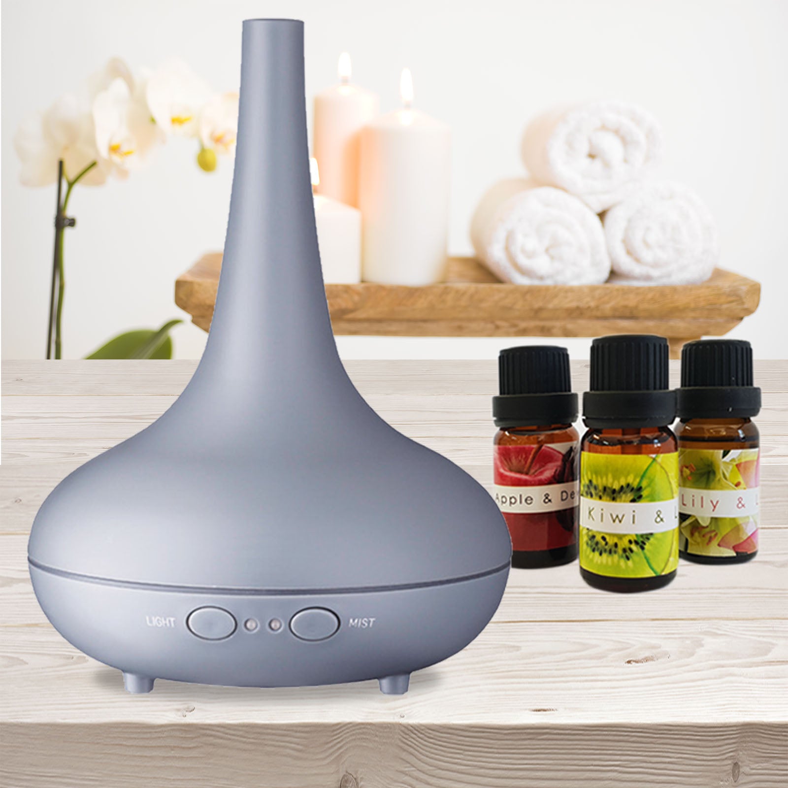 Essential Oil Diffuser Ultrasonic Humidifier Aromatherapy LED Light 200ML 3 Oils - Matte Grey - SILBERSHELL