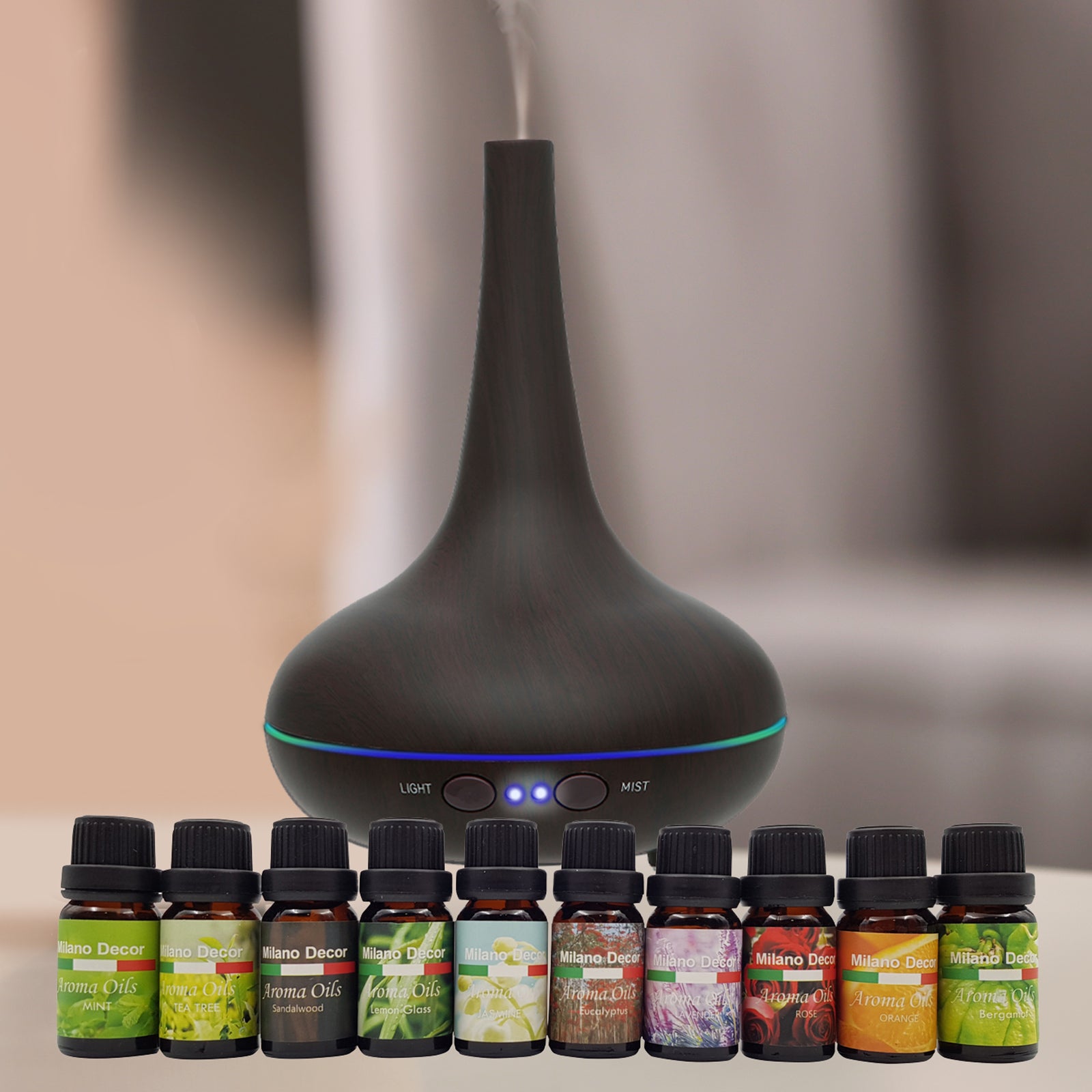 Milano Aroma Diffuser Set With 13 Pack Diffuser Oils Humidifier Aromatherapy - Dark Wood - SILBERSHELL