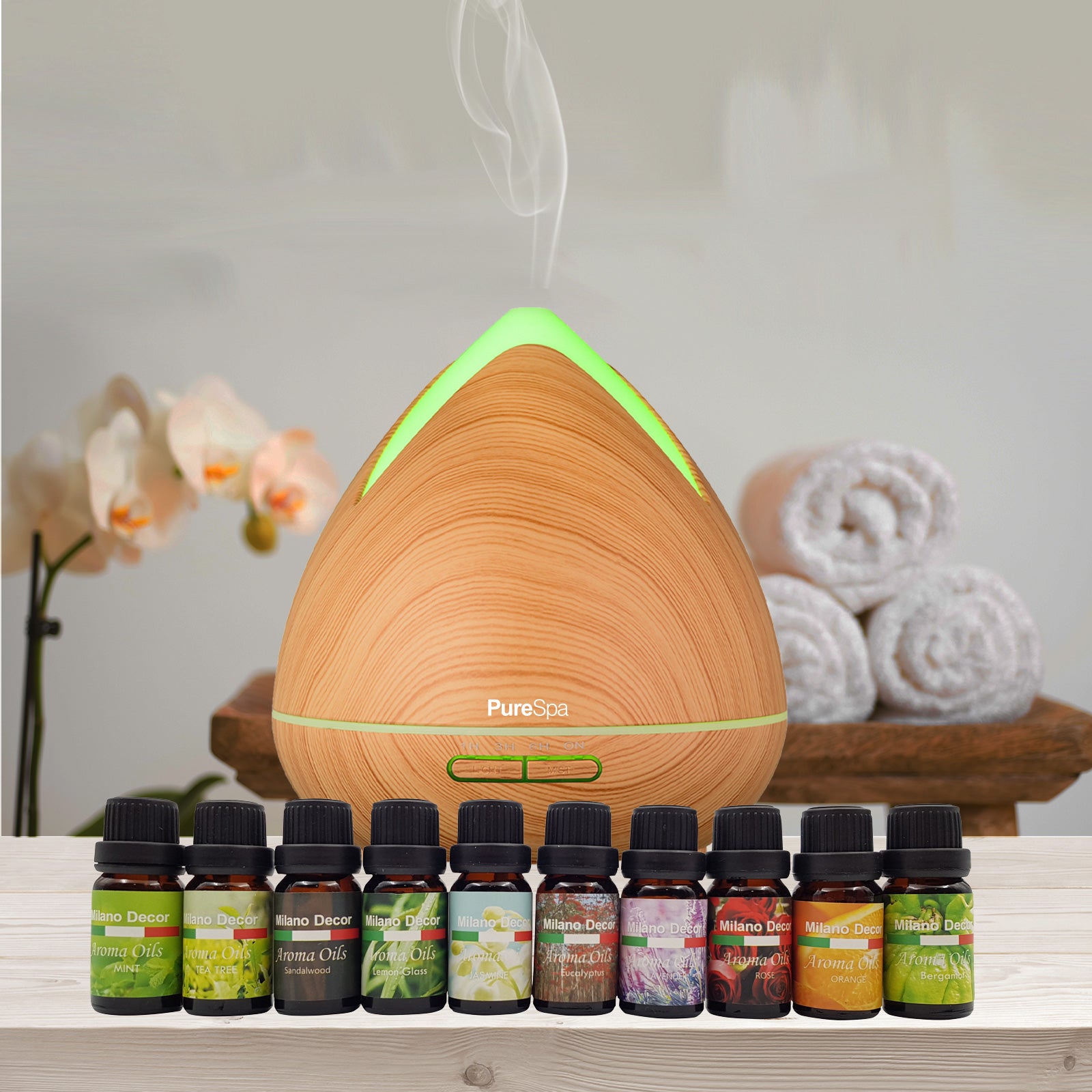 Purespa Diffuser Set With 10 Pack Diffuser Oils Humidifier Aromatherapy - Light Wood - SILBERSHELL