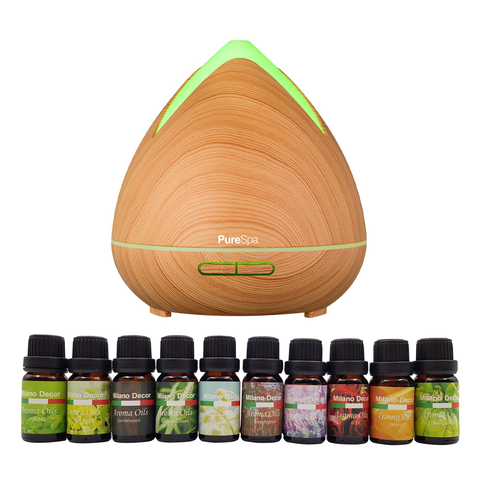 Purespa Diffuser Set With 10 Pack Diffuser Oils Humidifier Aromatherapy - Light Wood - SILBERSHELL