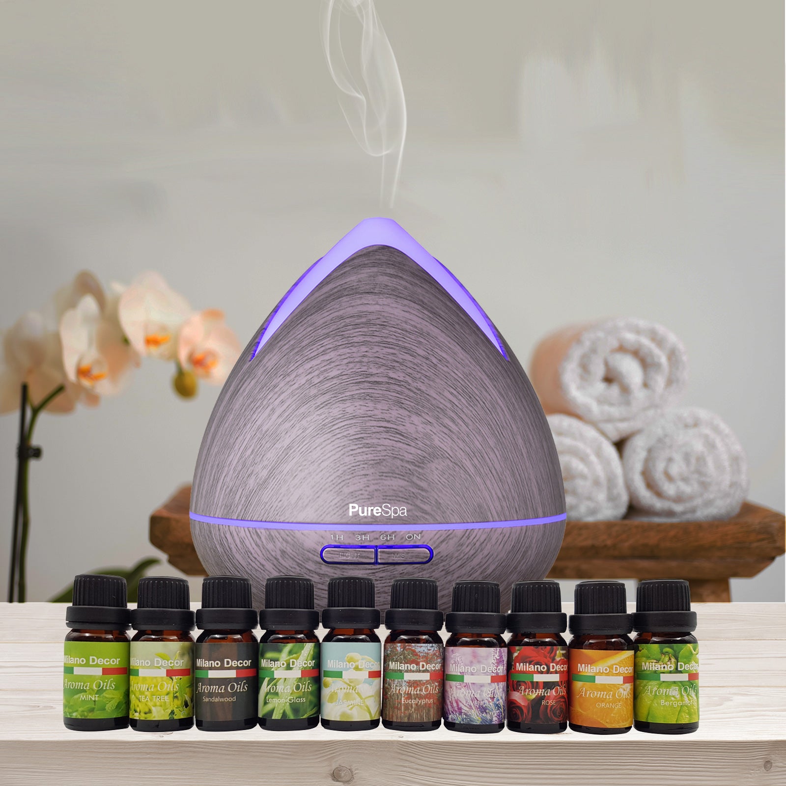 Purespa Diffuser Set With 10 Pack Diffuser Oils Humidifier Aromatherapy - Violet - SILBERSHELL