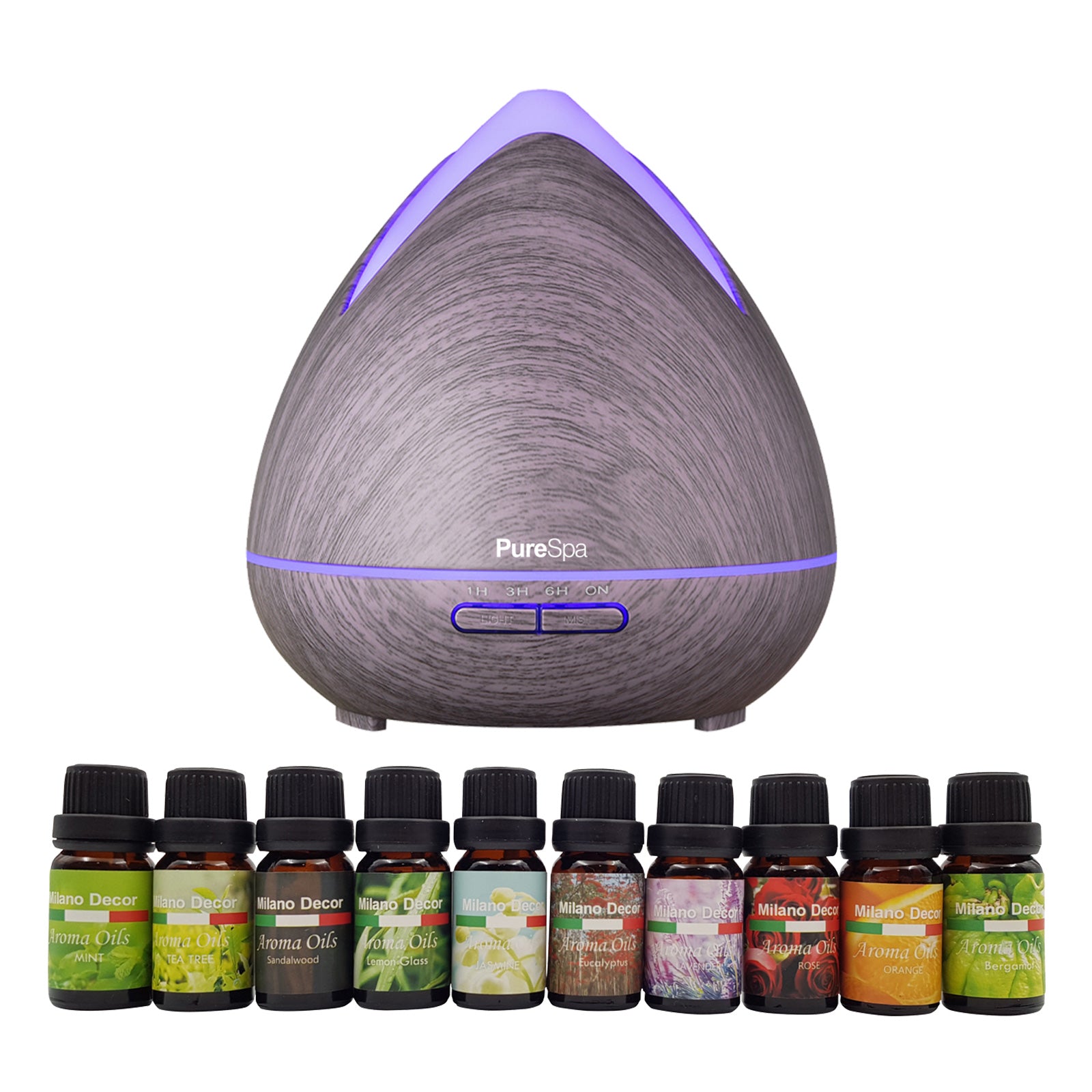 Purespa Diffuser Set With 10 Pack Diffuser Oils Humidifier Aromatherapy - Violet - SILBERSHELL