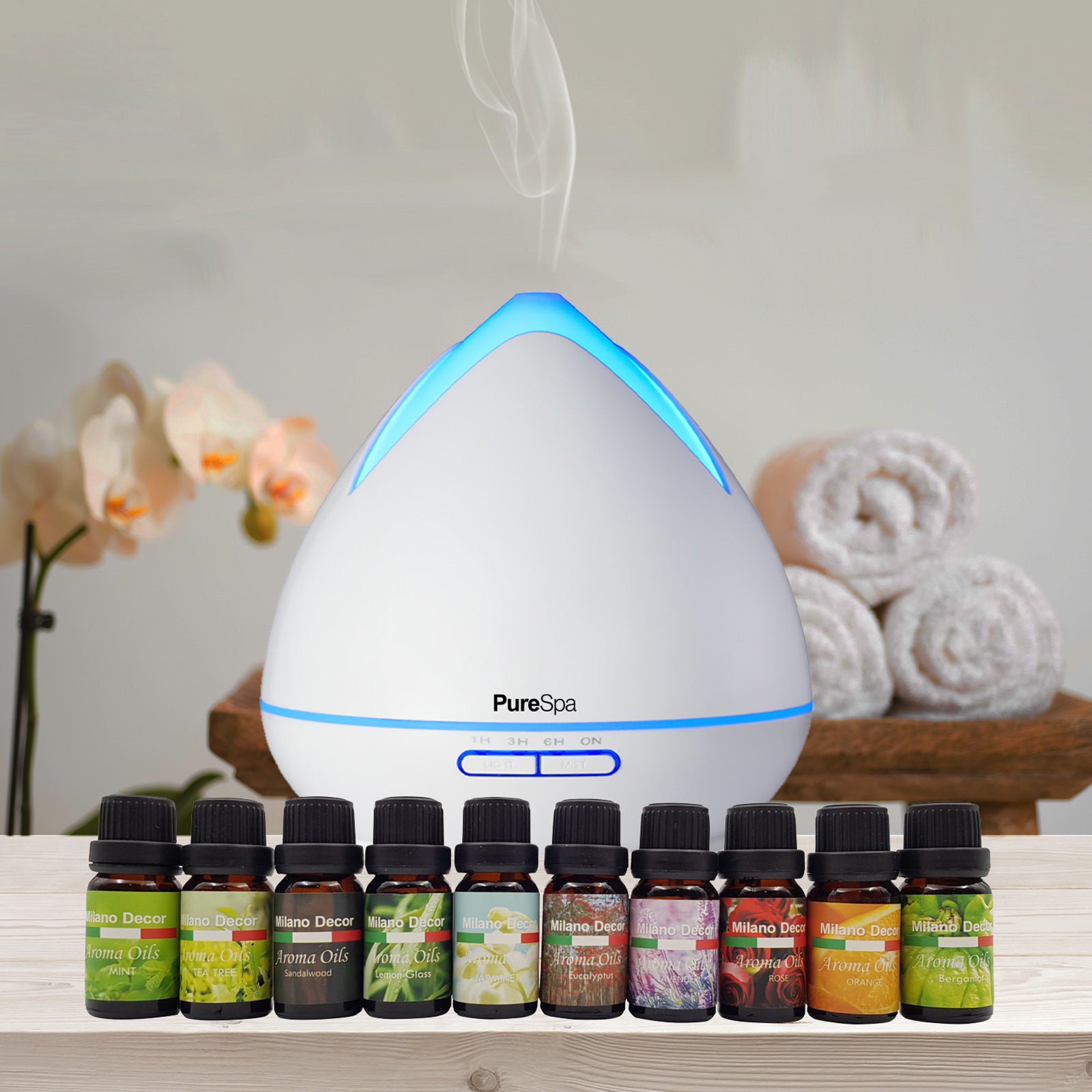 Purespa Diffuser Set With 10 Pack Diffuser Oils Humidifier Aromatherapy - White - SILBERSHELL