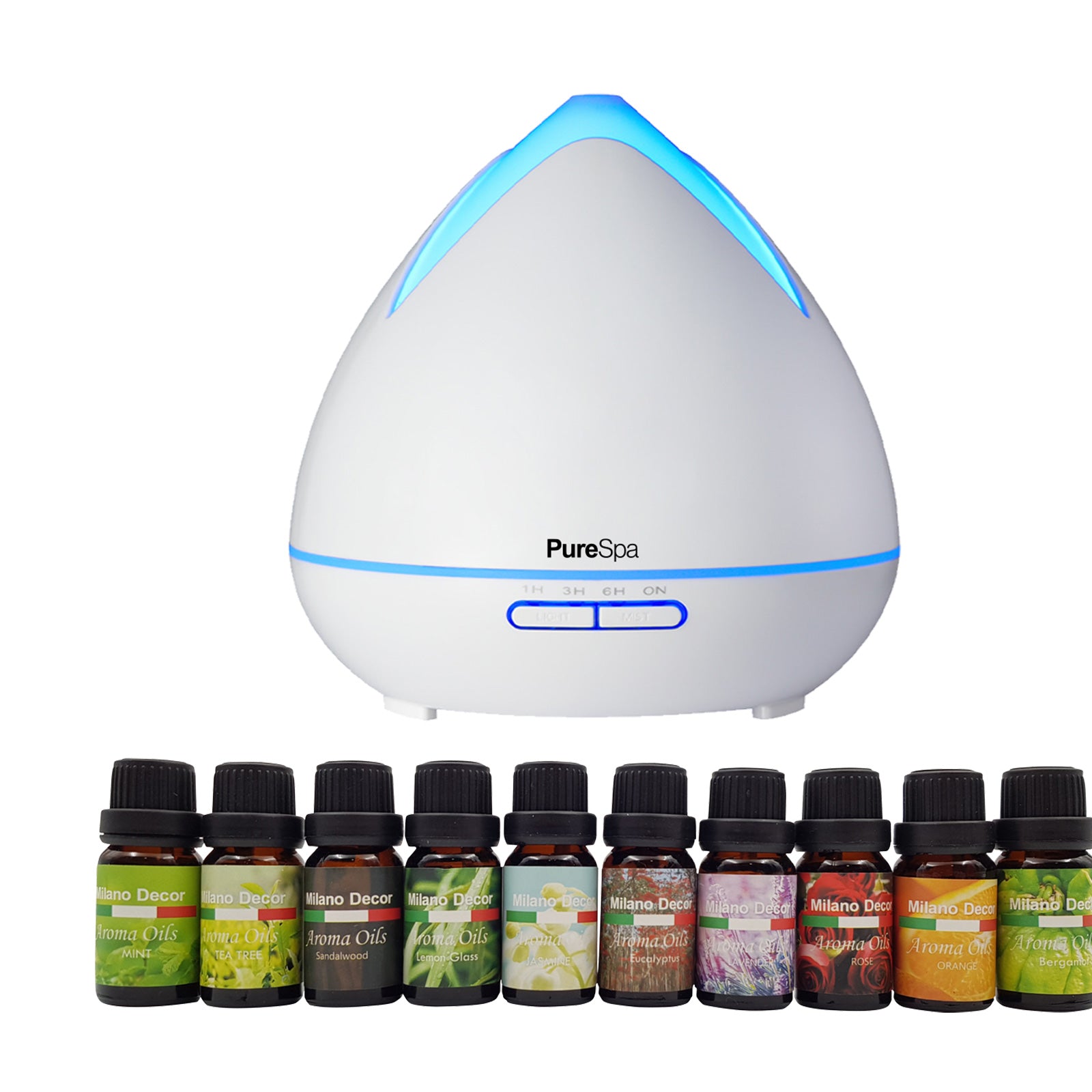 Purespa Diffuser Set With 10 Pack Diffuser Oils Humidifier Aromatherapy - White - SILBERSHELL