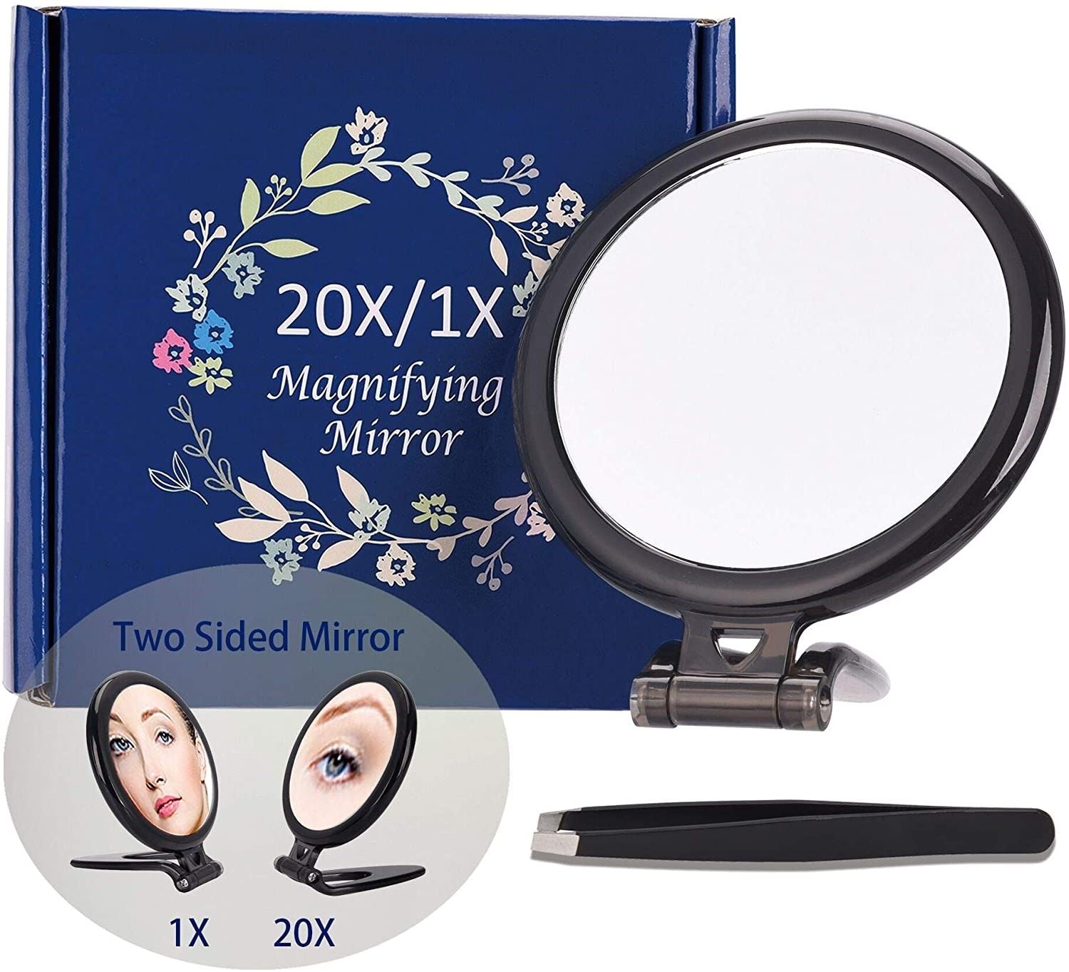 20X Magnifying Hand Mirror Two Sided Use for Makeup Application, Tweezing, and Blackhead/Blemish Removal (10 cm Black) - SILBERSHELL