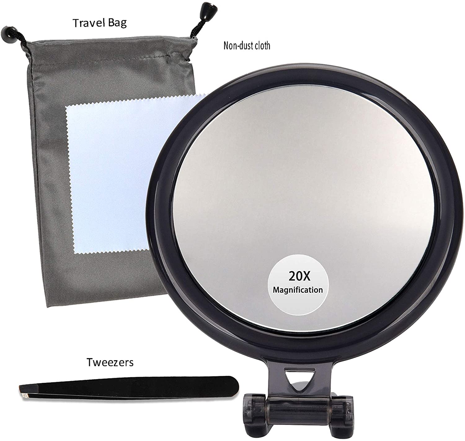 20X Magnifying Hand Mirror Two Sided Use for Makeup Application, Tweezing, and Blackhead/Blemish Removal (10 cm Black) - SILBERSHELL