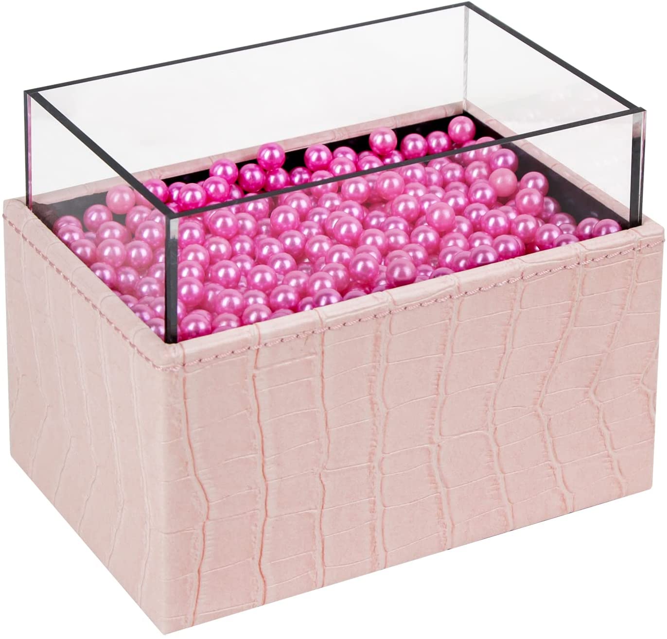 Leather Makeup Brush Cosmetic Organiser Storage Box with Pink Pearls and Acrylic Cover (Pink) - SILBERSHELL