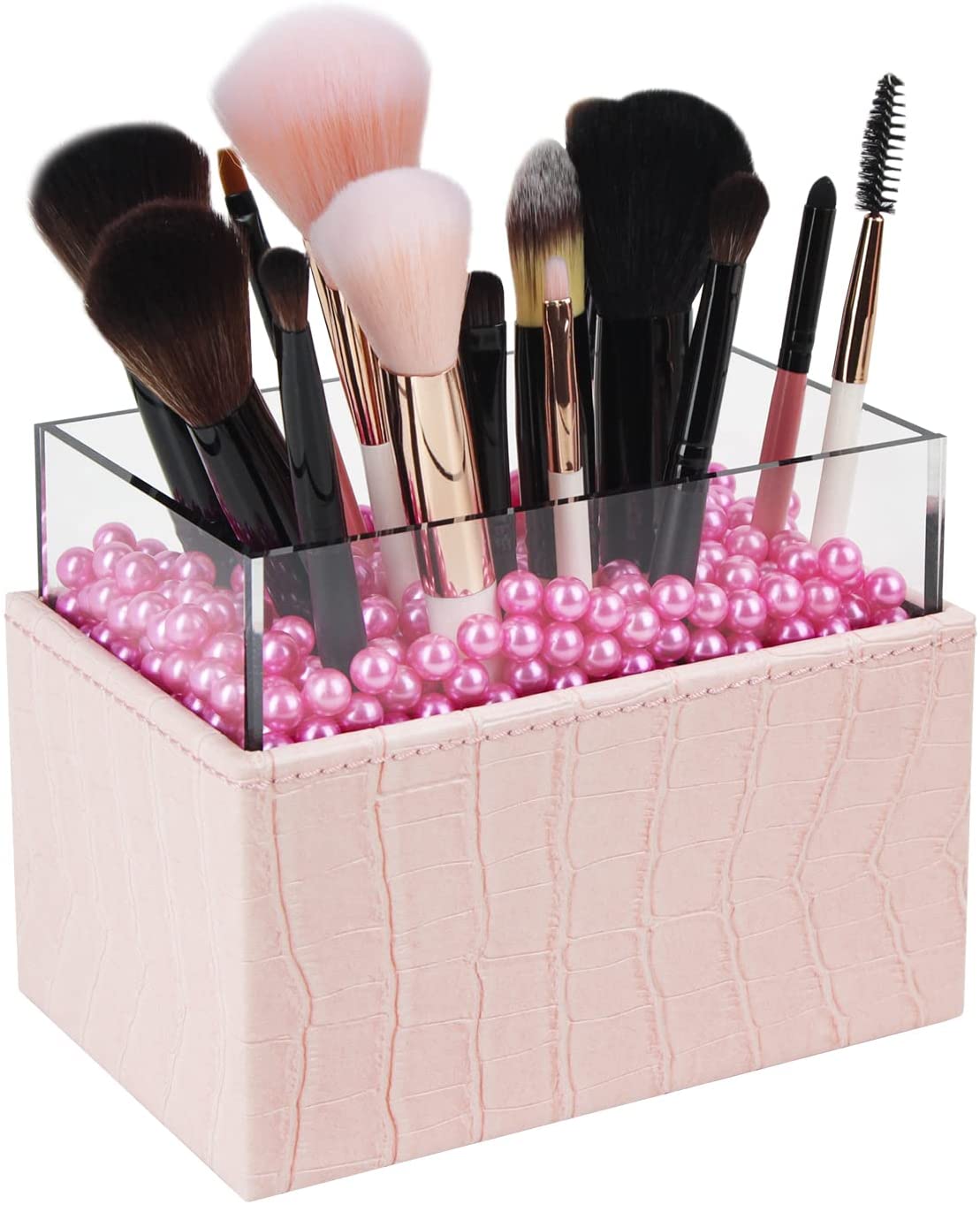 Leather Makeup Brush Cosmetic Organiser Storage Box with Pink Pearls and Acrylic Cover (Pink) - SILBERSHELL